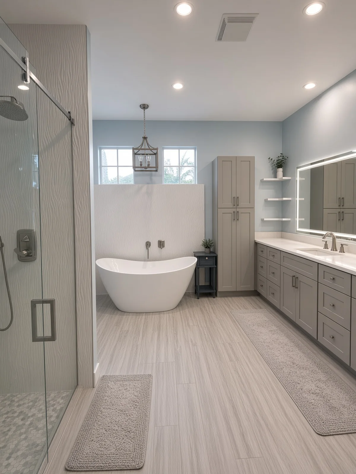 Bathroom with a freestanding tub, glass shower and long grey vanity