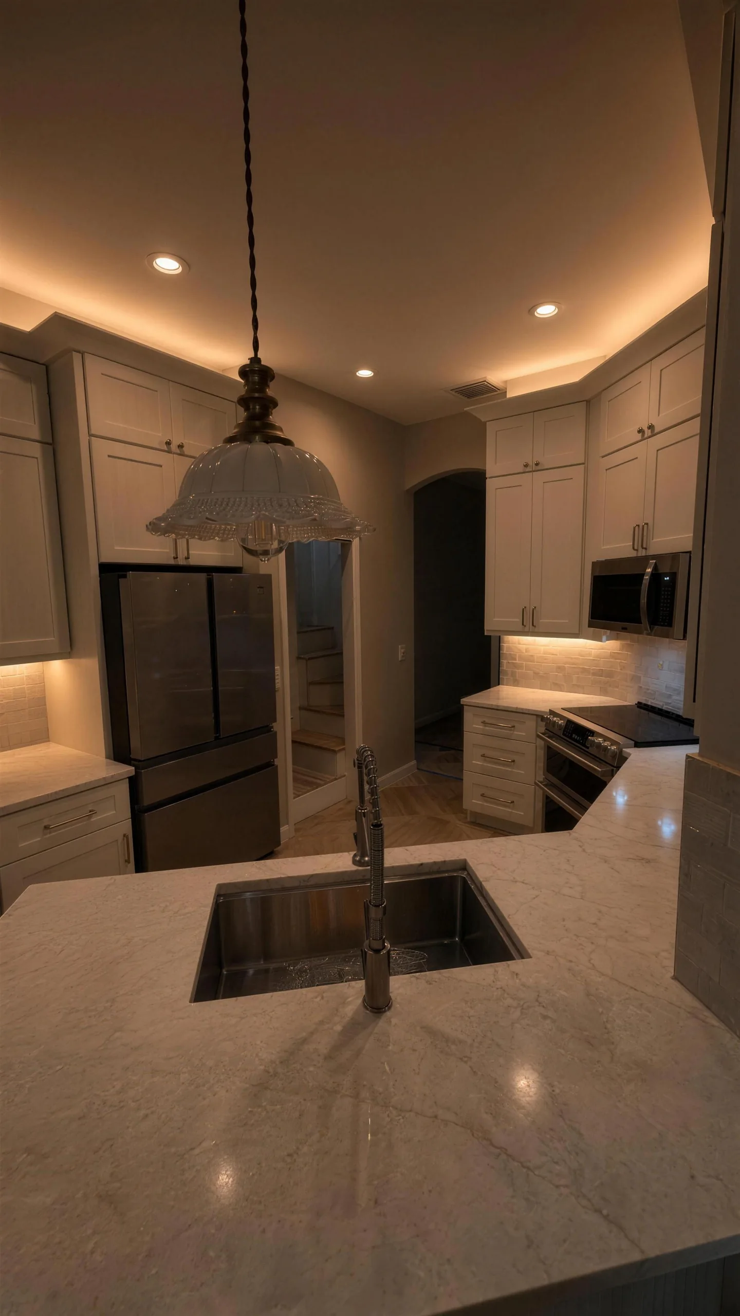 Kitchen at night with a crystal pendant over a marble island and white cabinetry