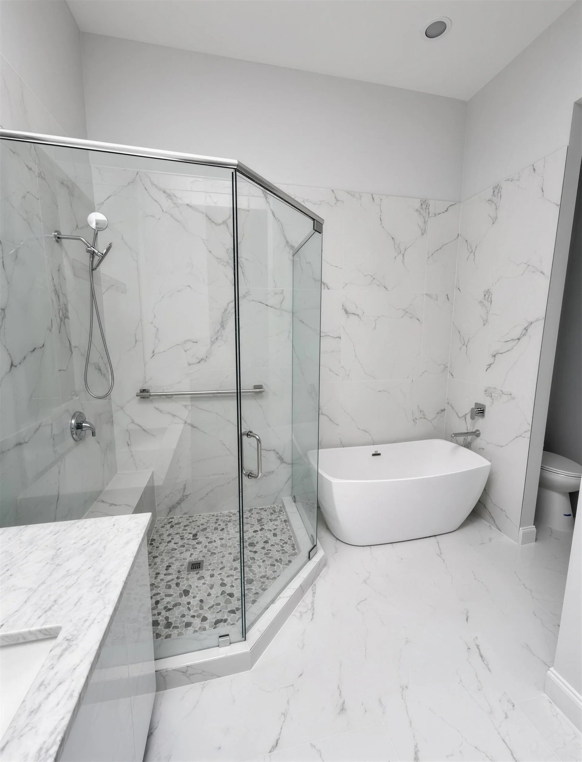 Marble-look glass shower beside a freestanding soaking tub