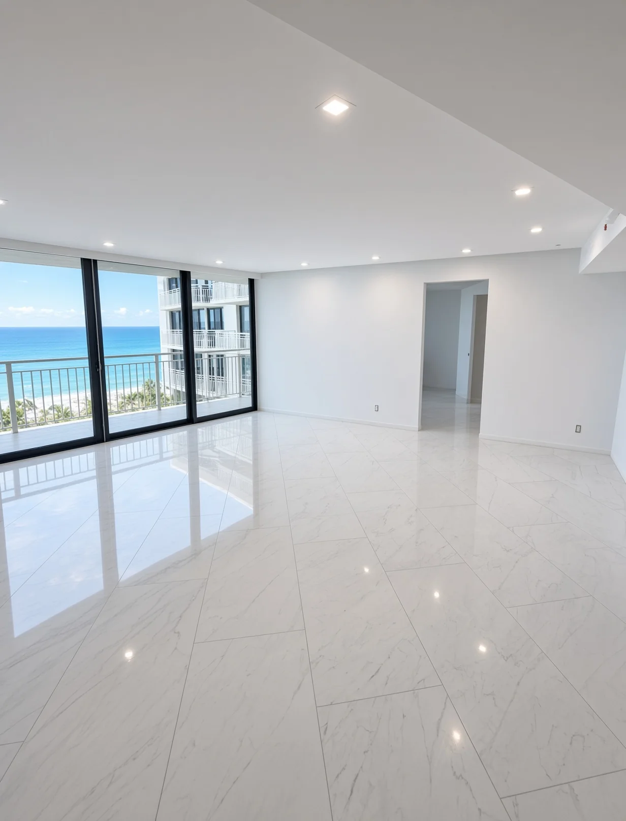 Finished living room with glossy marble-look tile and floor-to-ceiling ocean-view windows