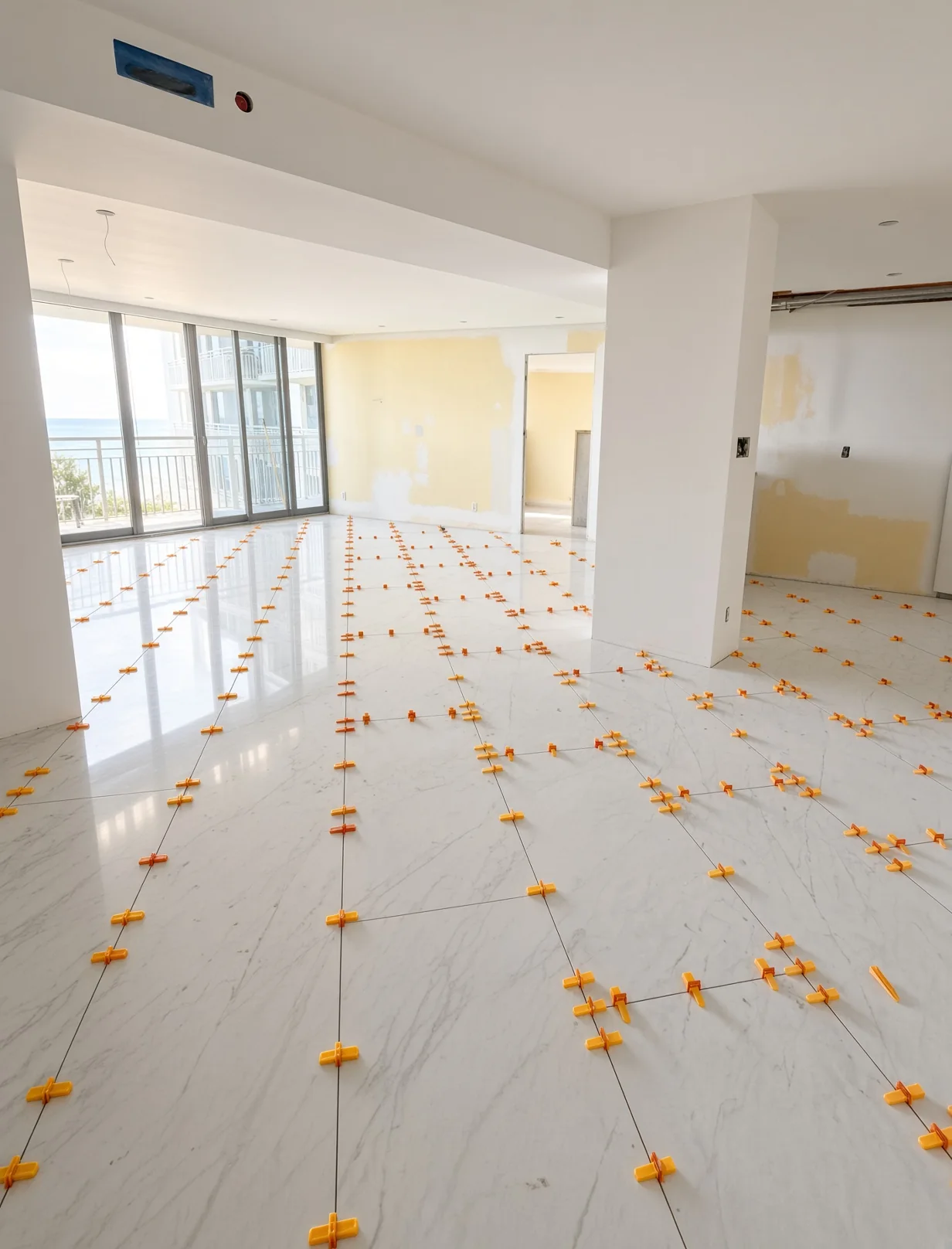 Large marble-look floor tile being set with levelling clips